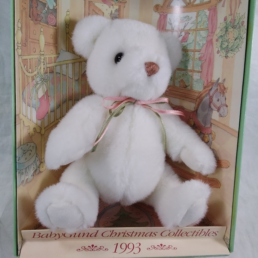 Baby Gund Christmas Collectibles 1993 Teddy Bear White Plush With Ribbon Bow NOS - Picture 8 of 12